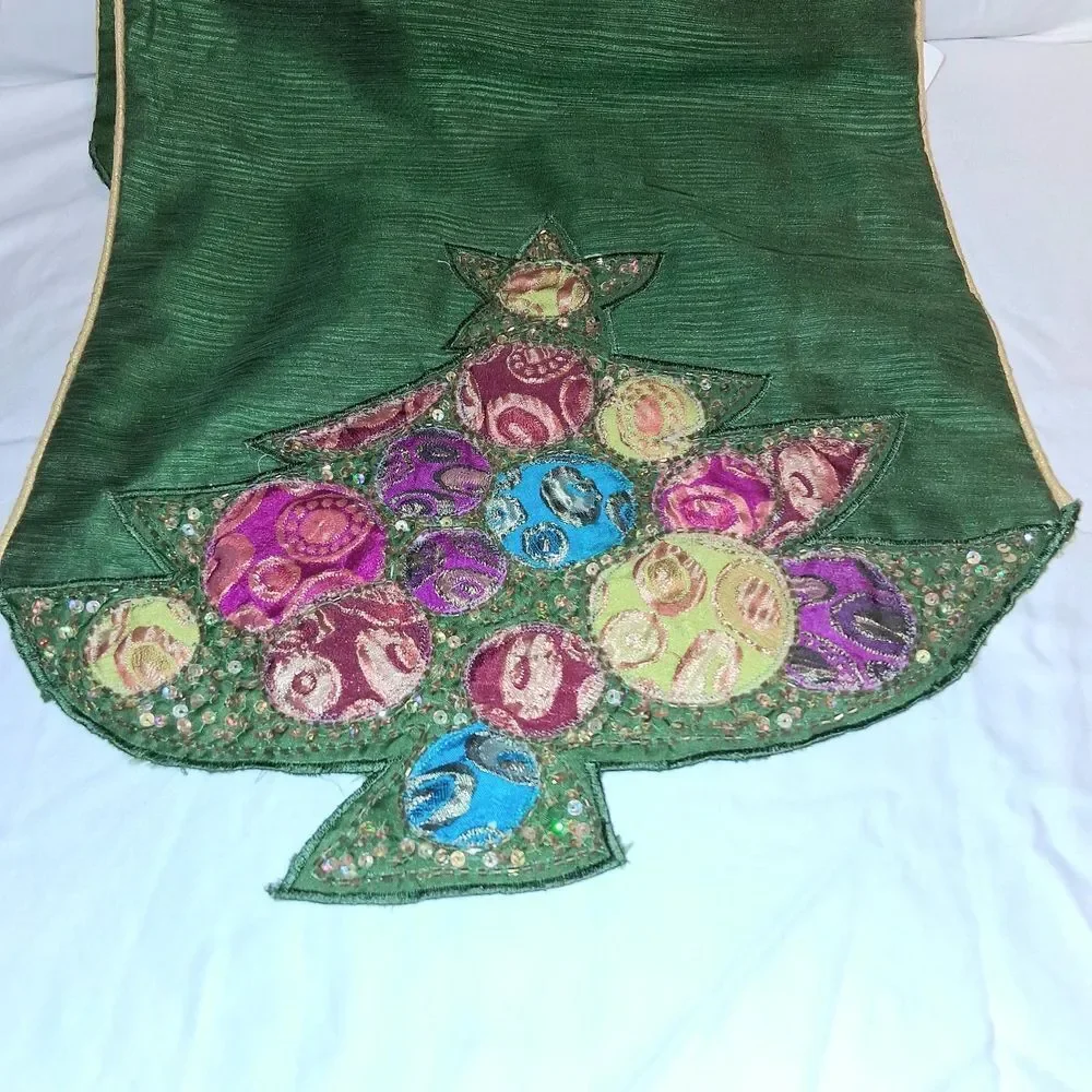 Pier 1 Imports Green Christmas Tree Embellished Table Runner